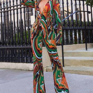 MULTI ABSTRACT PRINT CHIFFON TOP & BOTTOM SET